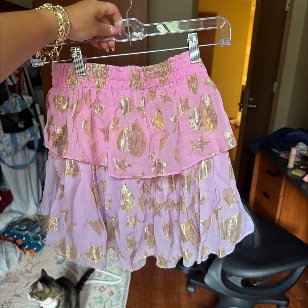 LoveShackFancy Pink and Gold Mini Skirt